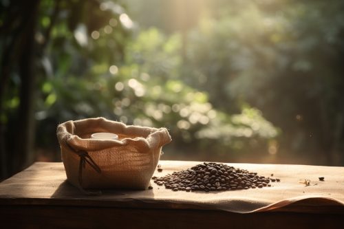 Bag of Fresh Roasted Coffee Beans on Nature Background Created with Generative AI Bag of Fresh Roasted Coffee Beans on Nature Background - Created with Generative AI
